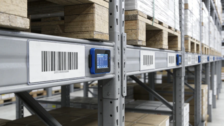 warehouse rack labeling system with barcode labels and electronic shelf labels on pallet racking