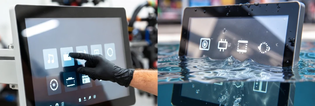 Comparison of PCAP and resistive touchscreen monitor panels showing gloved operation and water resistance for industrial and outdoor retail kiosks.